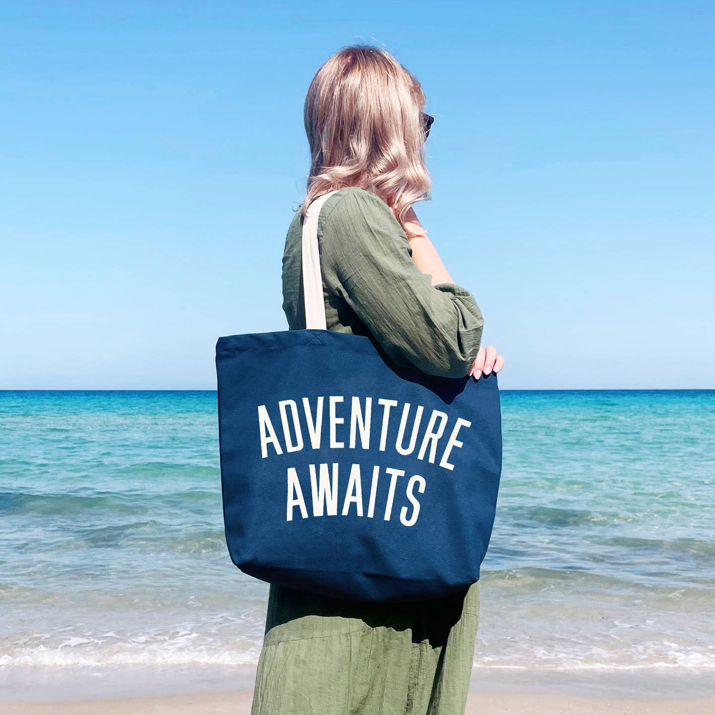 Adventure Awaits Canvas Tote Bag - Ocean Blue