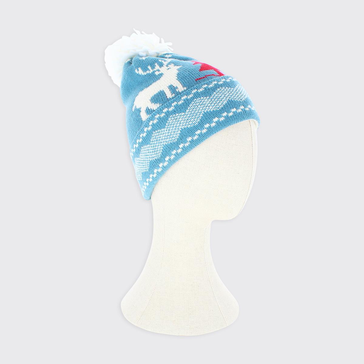 Winter Reindeer Bobble Hat - Blue / Red