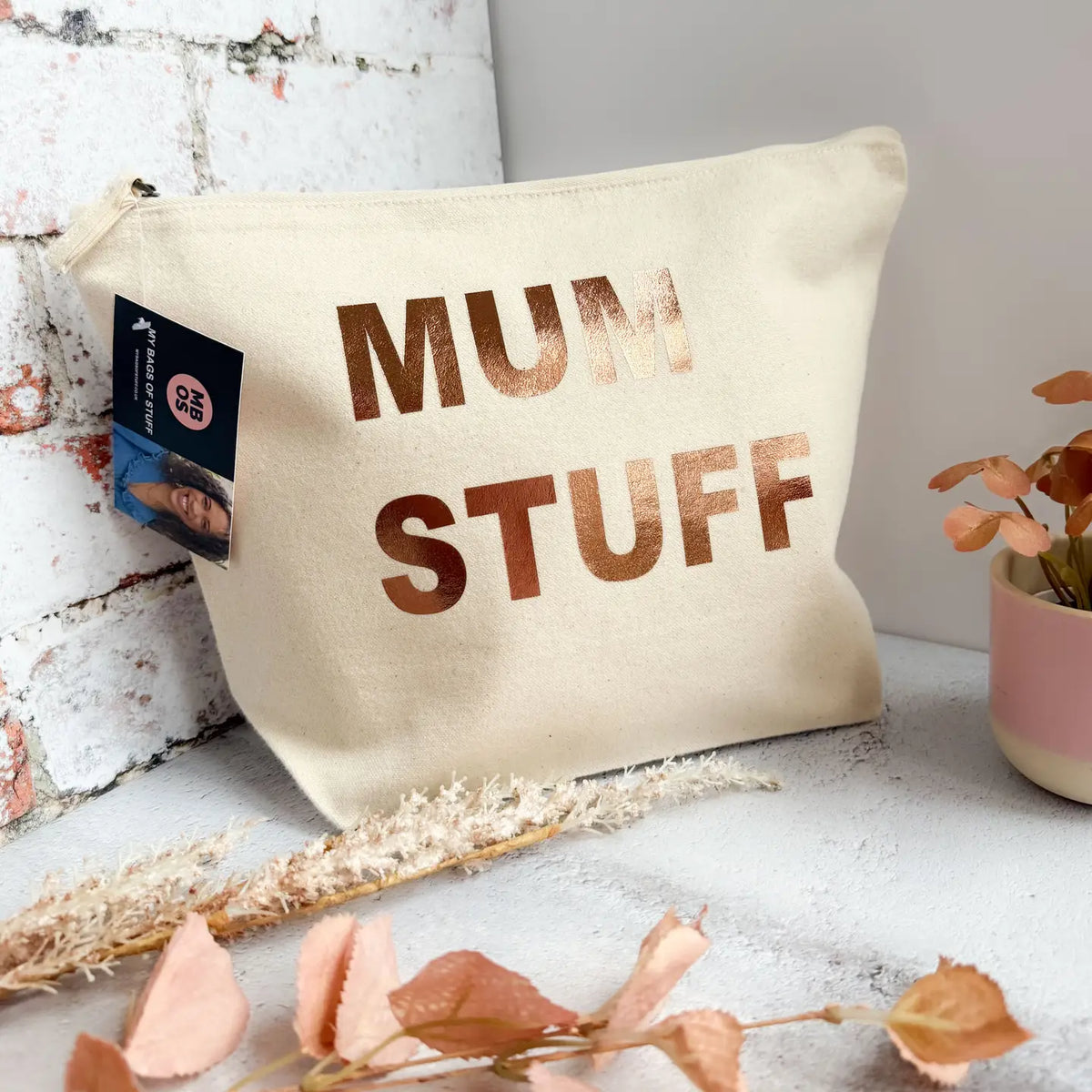 Mum Stuff pouch - Natural with Bronze print