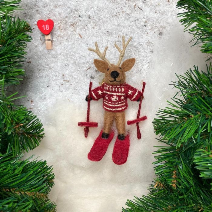 Handmade Felt Blitzen the Skiing Reindeer Hanging Christmas Decoration