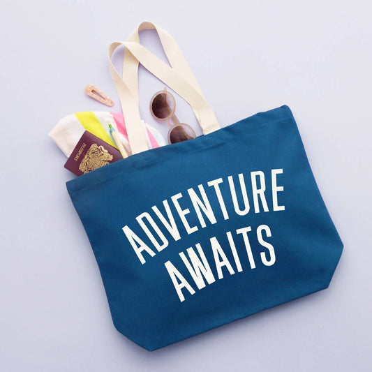 Adventure Awaits Canvas Tote Bag - Ocean Blue