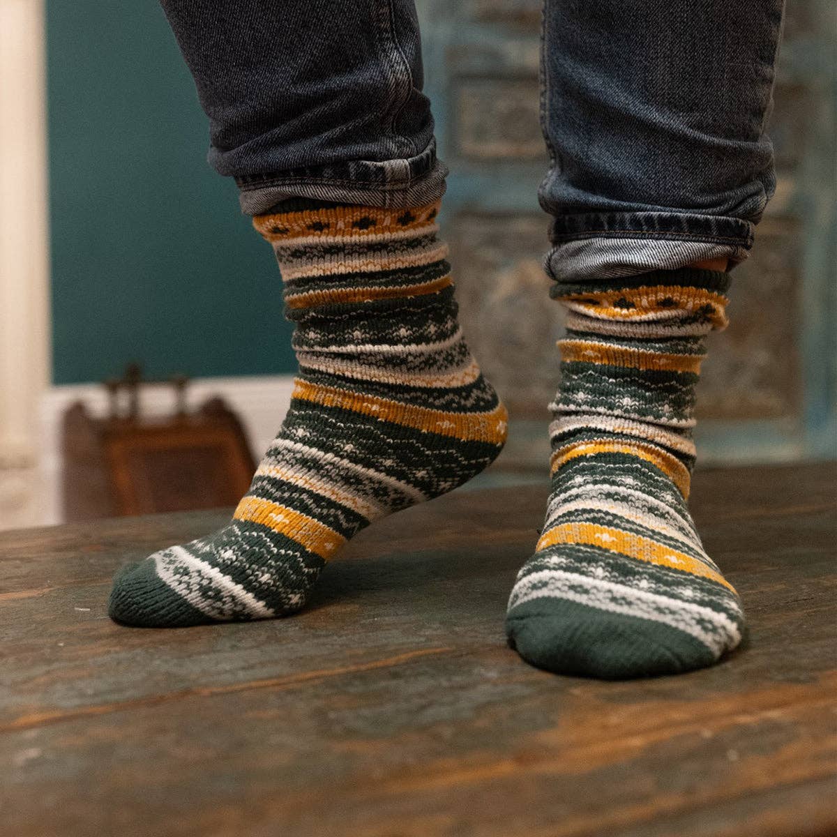 Chloe Fairisle Super Soft Socks - Green/Ochre