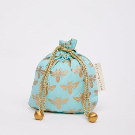 Reusable Fabric Gift Bag - Double Drawstring - Mint Bees - Medium