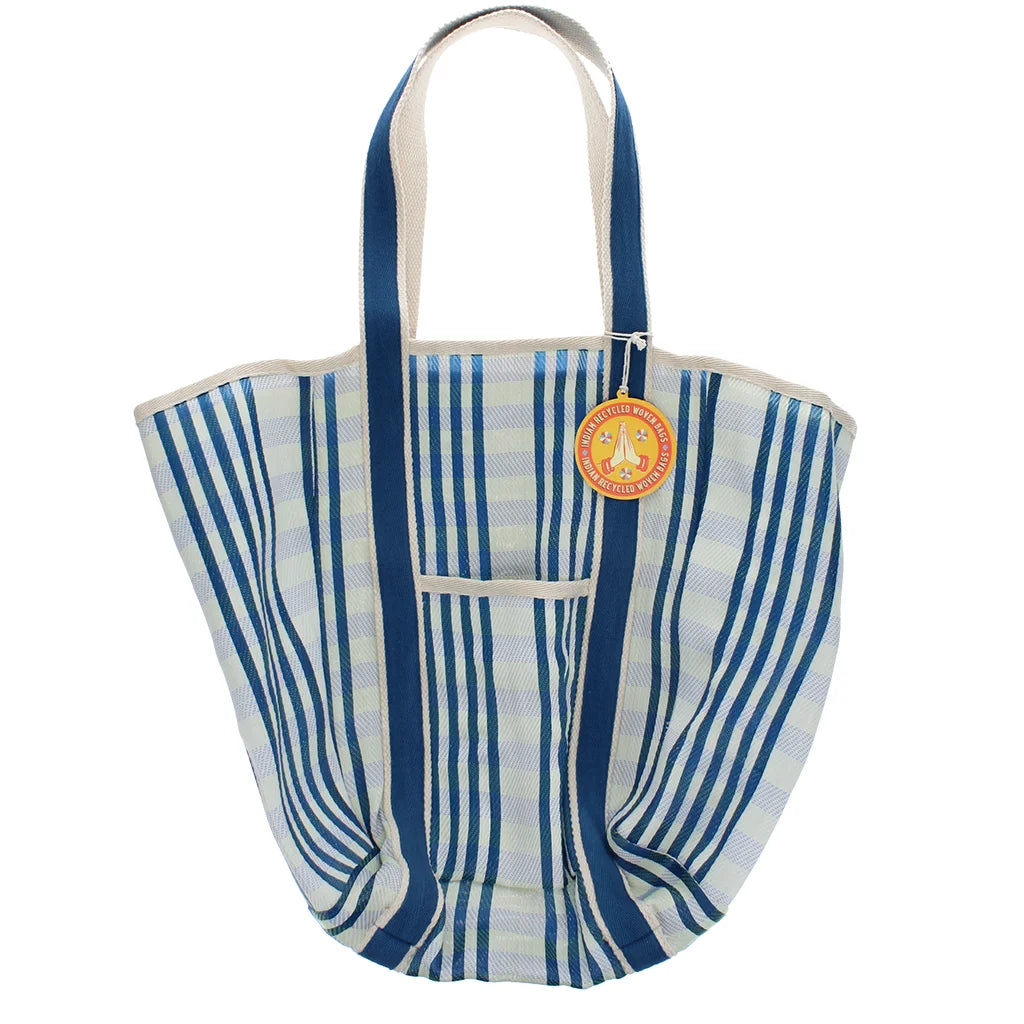 Recycled woven tote bag with canvas handles - White and blue