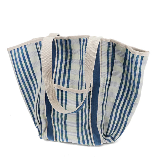Recycled woven tote bag with canvas handles - White and blue