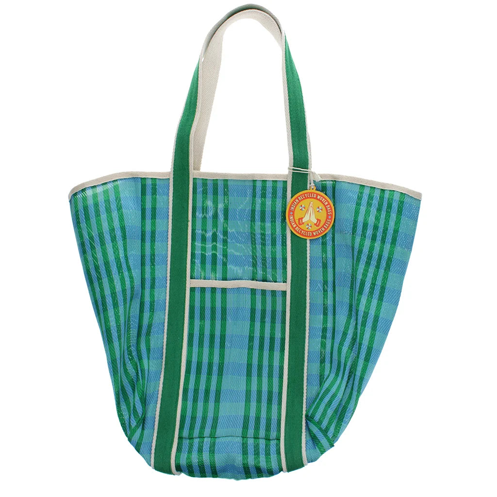 Recycled woven tote bag with canvas handles - Blue and green