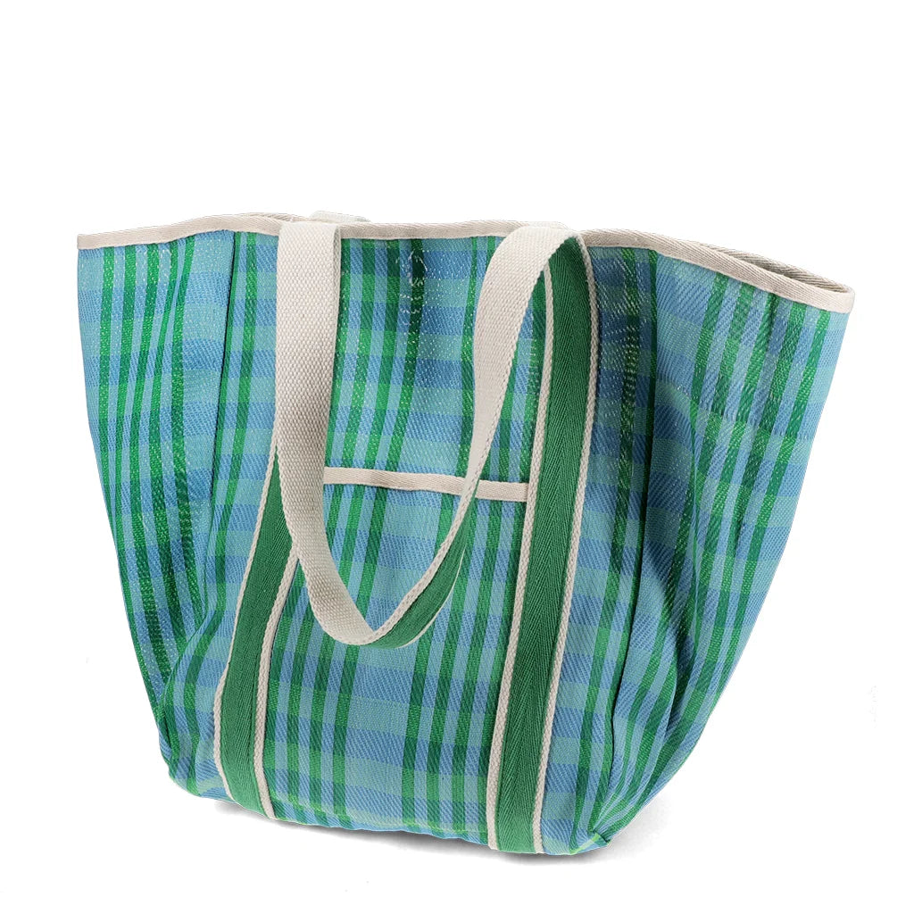 Recycled woven tote bag with canvas handles - Blue and green
