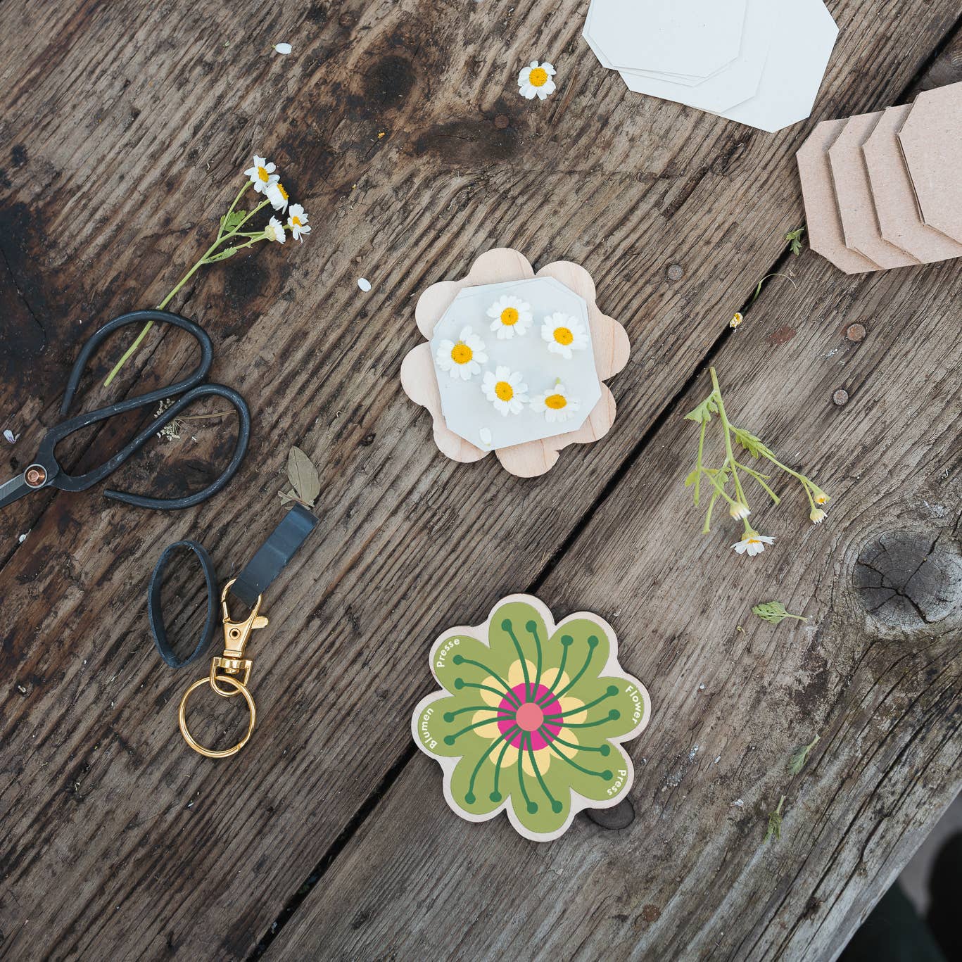 Keyring Flower Press - Greens & Yellows