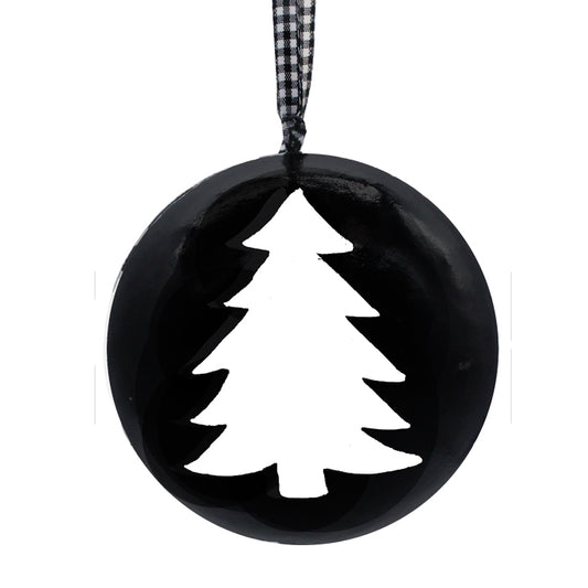 Papier Mache Bauble  - Black with Large White Christmas Tree design