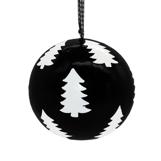 Papier Mache Bauble  - Black with small White Trees