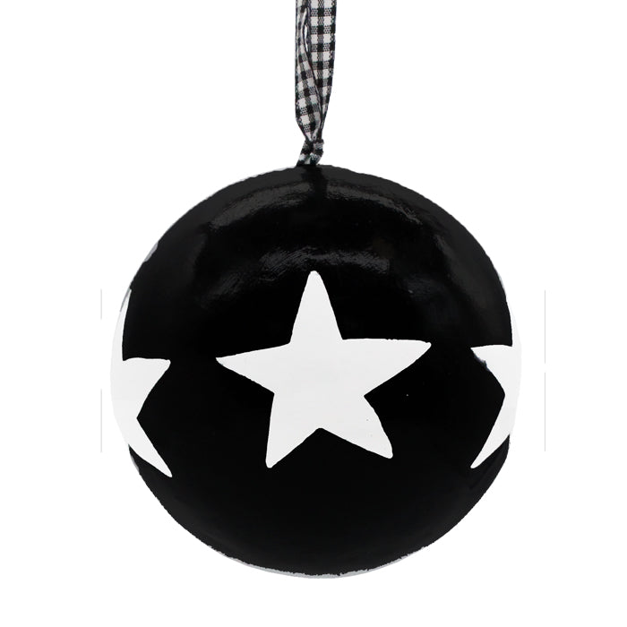 Papier Mache Bauble  - Black with Large White Stars