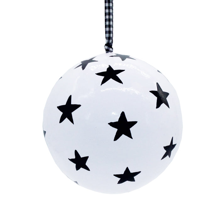 Papier Mache Bauble  -White with Small Black Stars