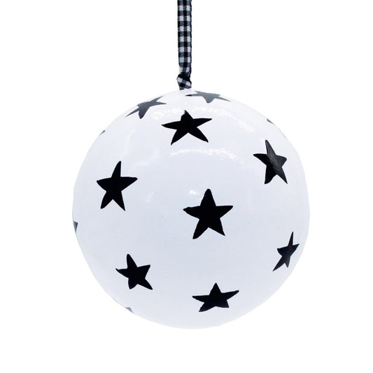 Papier Macie Bauble  -White with Small Black Stars