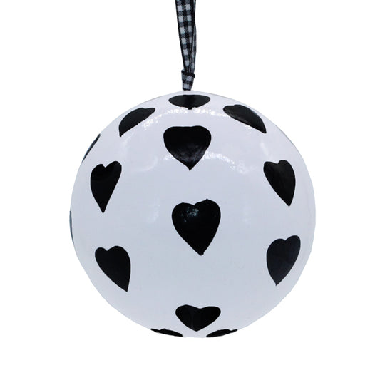 Papier Mache Bauble  - White with small black hearts