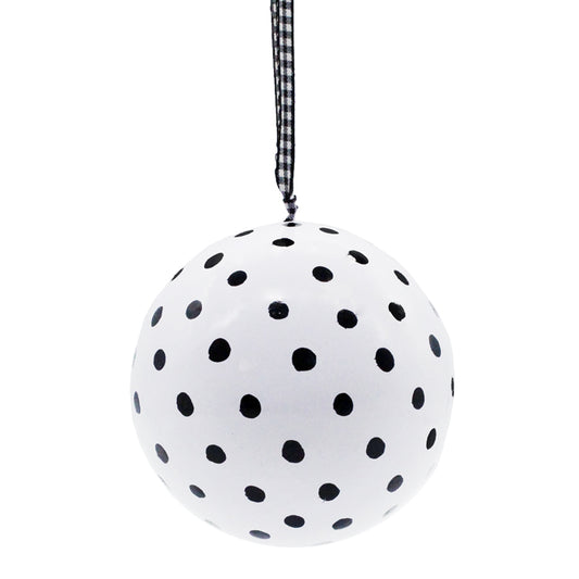 Papier Machie Bauble  - White with black polka dots