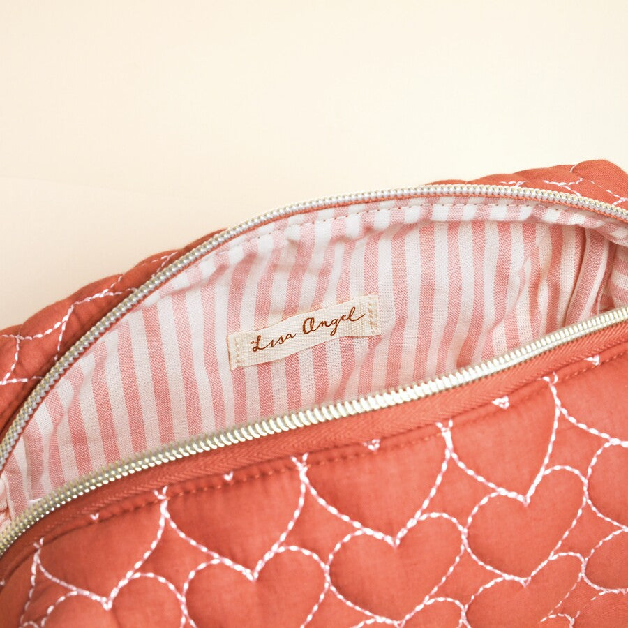 Rust Linen Heart Embroidered Makeup Bag