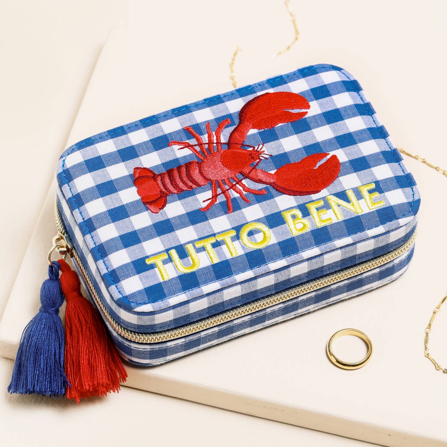 Blue Gingham Lobster Travel Jewellery Case