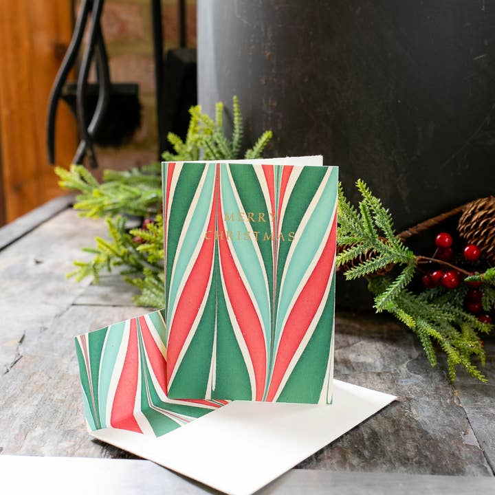 Hand Marbled Greeting Card - Candy Stripes - Merry Christmas