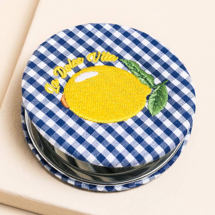 Blue & White Gingham Lemon Compact Mirror