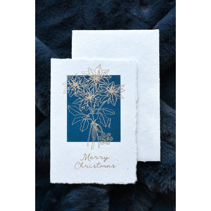 Deckle Edge Cotton Christmas Card - Poinsettia Navy