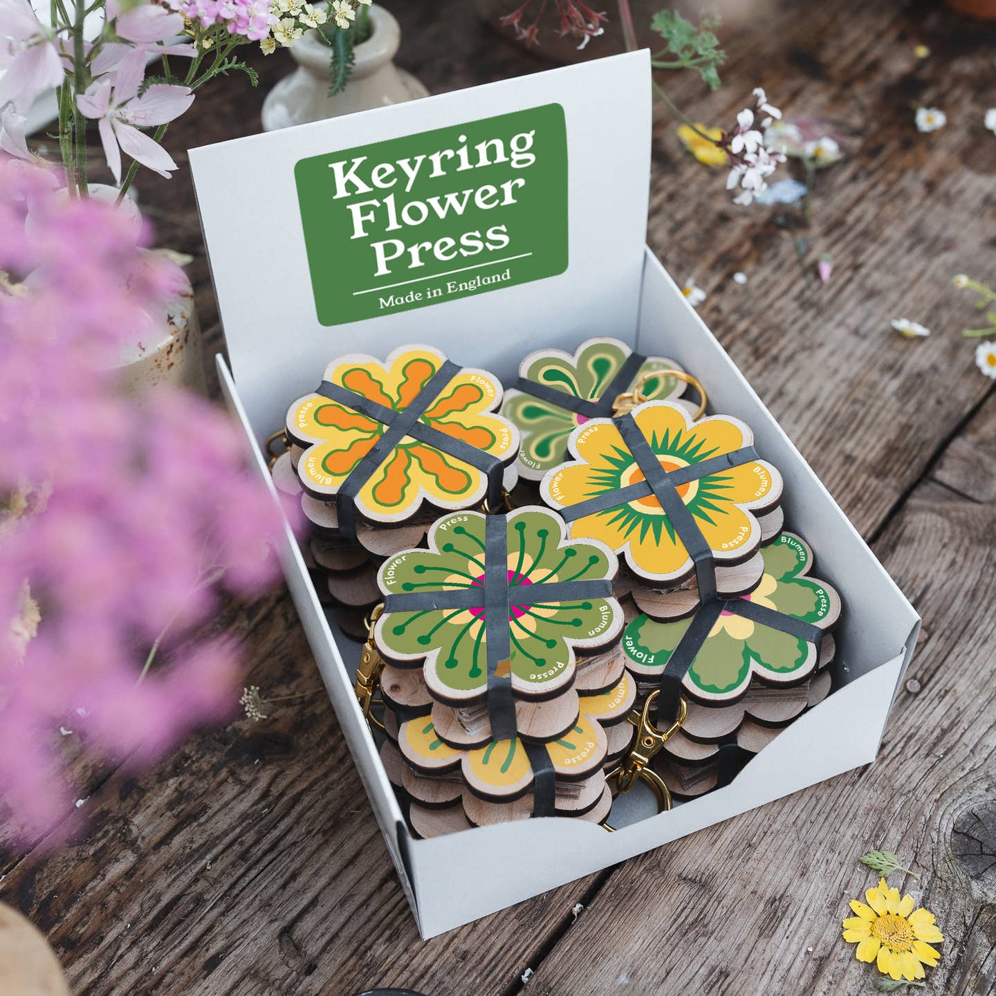 Keyring Flower Press - Greens & Yellows