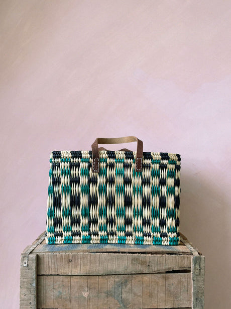 Chequered Reed Basket - indigo & Green stripe