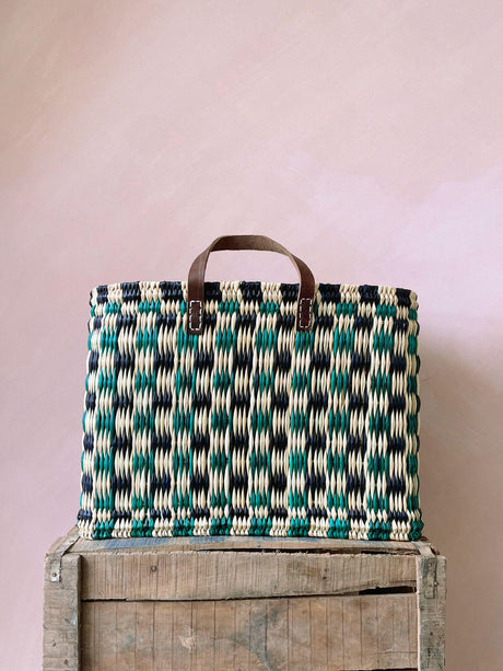 Chequered Reed Basket - indigo & Green stripe