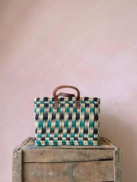 Chequered Reed Basket - indigo & Green stripe