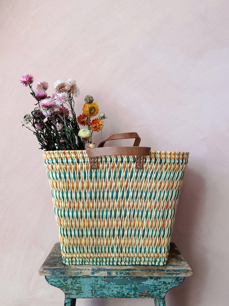 Colourful Reed shopping Basket - Orange & Teal