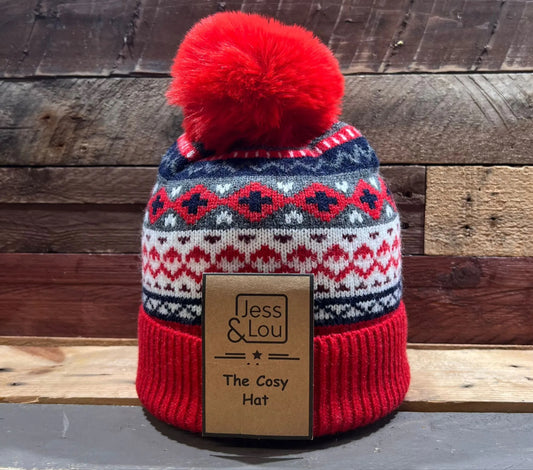 Red Nordic Cosy Bobble Hat