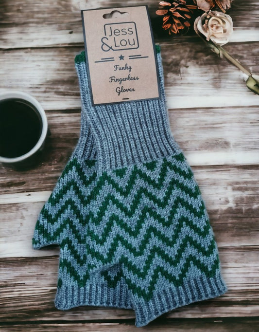 Grey and Green Herringbone Fingerless glove/Wrist Warmer