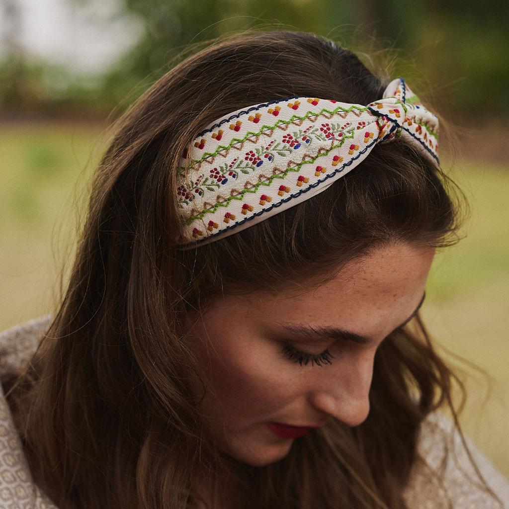 Winnie Embroidered Wide Headband - Cream