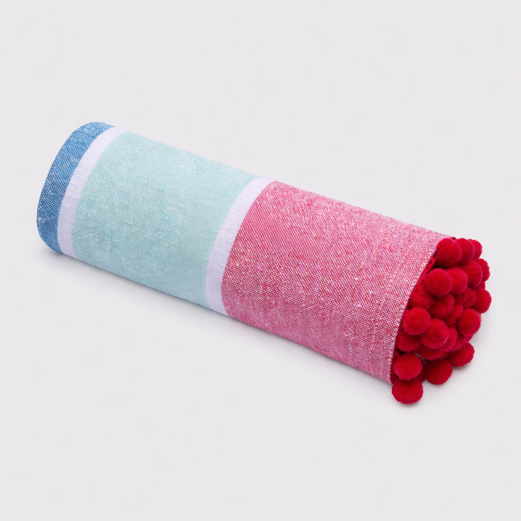Hammam Towel with Pom Pom Edge - Red Multi