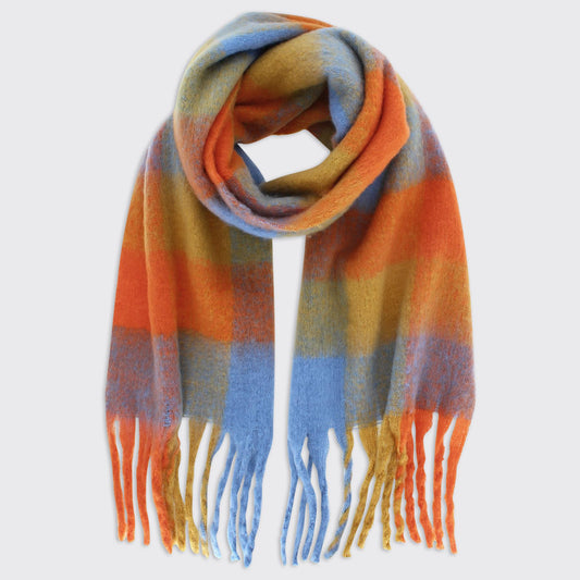 Yasmin Check Tassel Scarf - Sky Blue / Burnt Orange