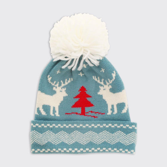 Winter Reindeer Bobble Hat - Blue / Red