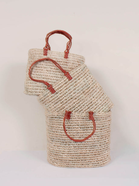 Pleated Leather Handle Basket - 2 colour varieties