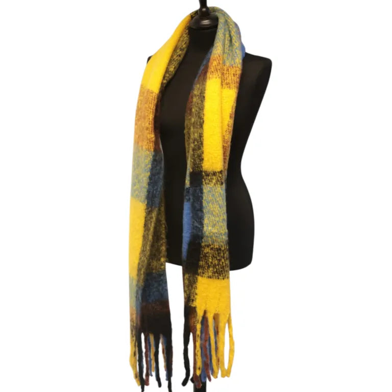 Mustard & Blue Checked Chunky Winter Scarf