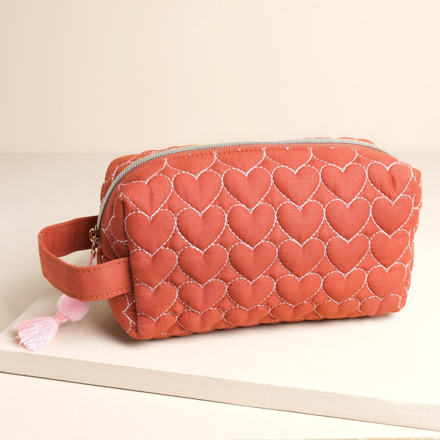 Rust Linen Heart Embroidered Makeup Bag