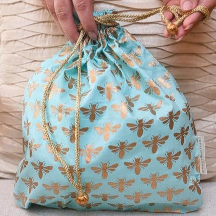 Reusable Fabric Gift Bag - Double Drawstring - Mint Bees - Medium