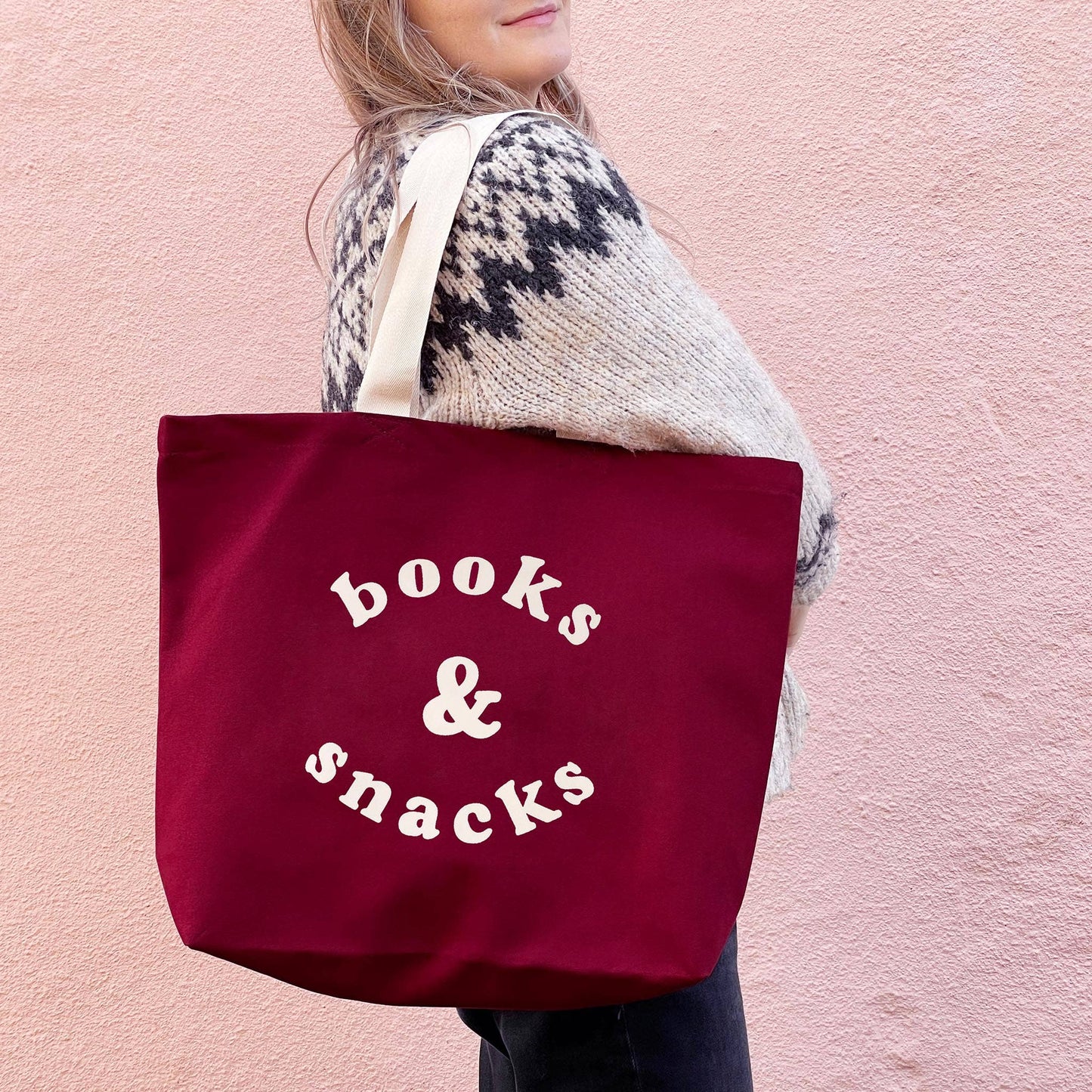 Books & Snacks - Burgundy Canvas Tote Bag