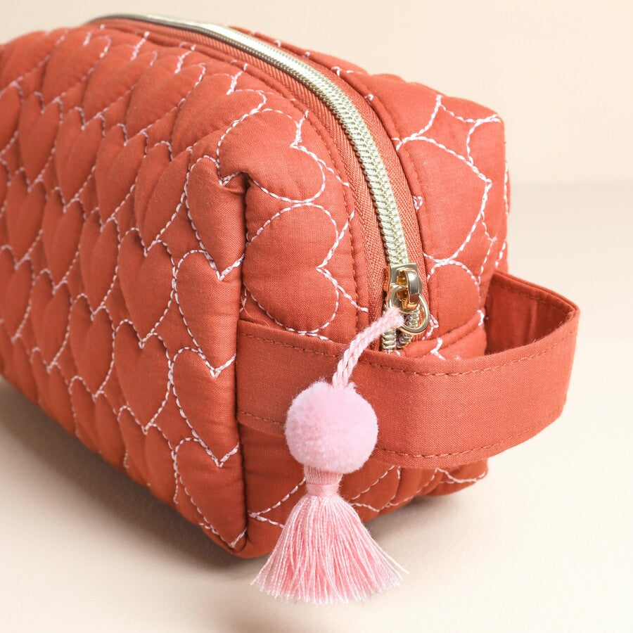 Rust Linen Heart Embroidered Makeup Bag