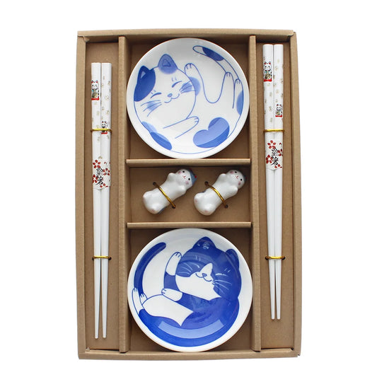 Chopsticks, rests and dipping bowls set - Cat