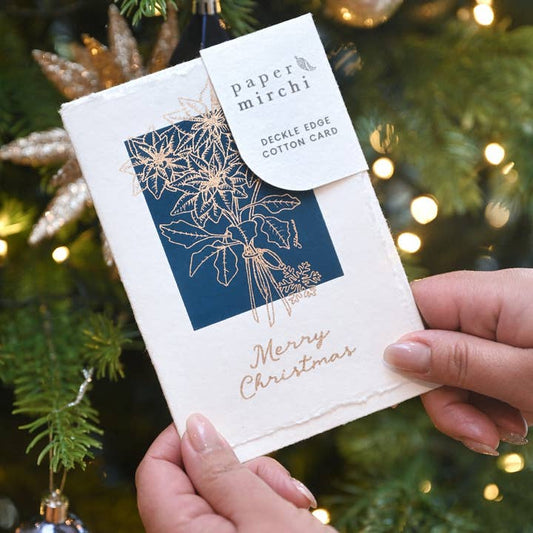 Deckle Edge Cotton Christmas Card - Poinsettia Navy