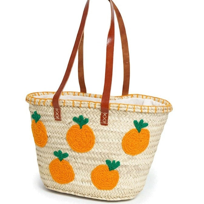 Embroidered Oranges straw tote bag