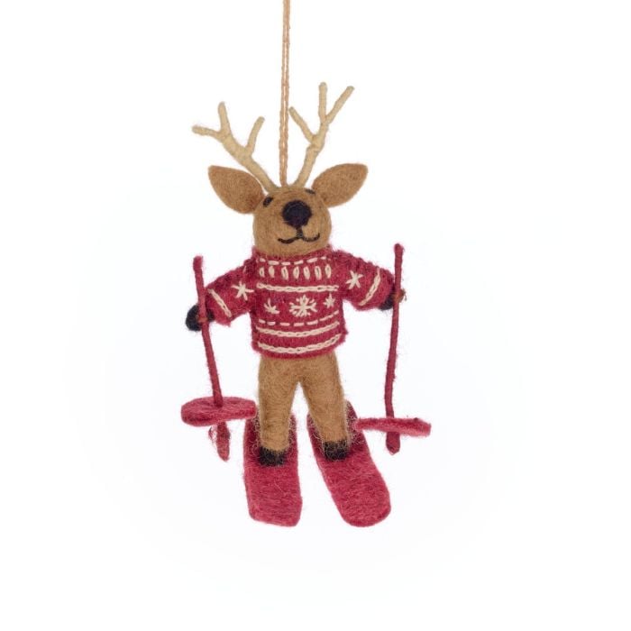 Handmade Felt Blitzen the Skiing Reindeer Hanging Christmas Decoration