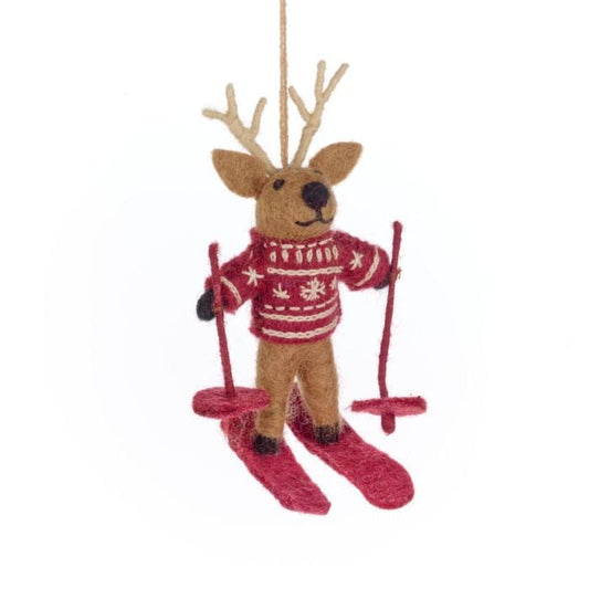 Handmade Felt Blitzen the Skiing Reindeer Hanging Christmas Decoration